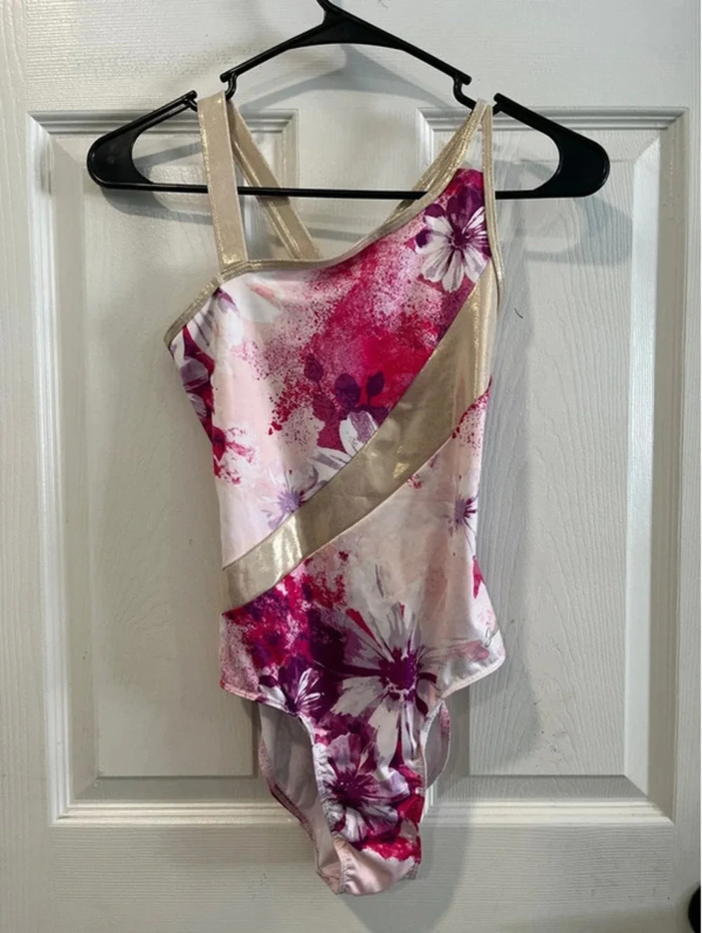 Girls XL size 16 gymnastic dance leotard pink flowers gold